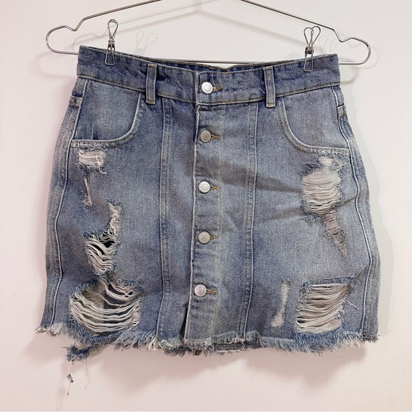 Free People Distressed Raw Hem Denim Skirt - Picture 1 of 7